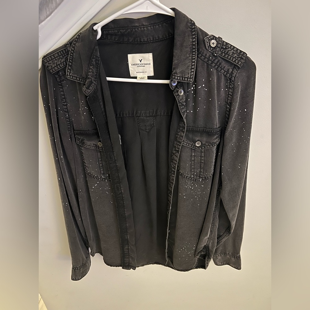 American Eagle Outfitters black chambray shirt with white paint splatter detail